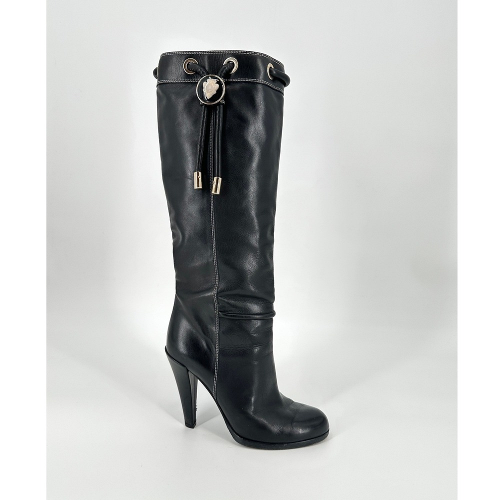 Gucci Black Leather Tall Knee High Boots Drawstring Crest Medallion 37